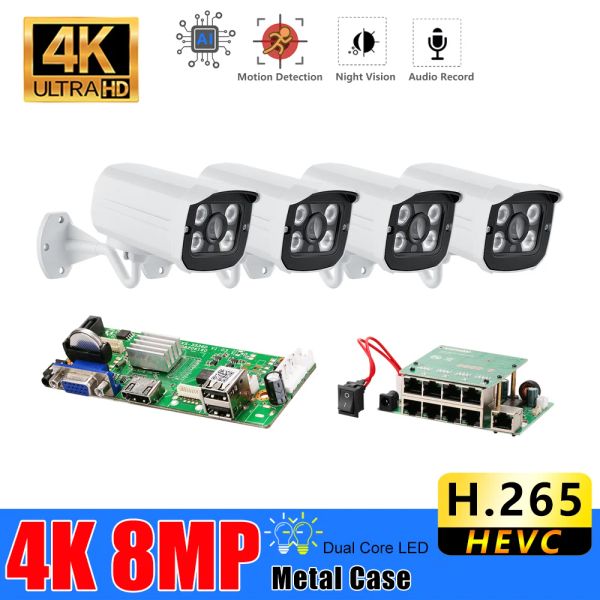 Sistema Video Vigilancia Sistema 8CH H.265+ 4K Ultra HD Poe NVR con cámaras de seguridad 4K CCTV Kit Grabación de audio Cámara IP 8MP