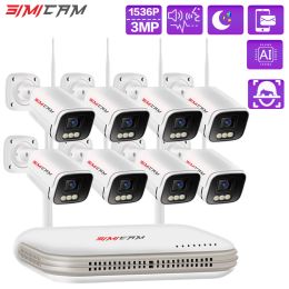 Sistema Sistema de seguridad WiFi de videos Wireless 3MP System 2 Way Audio Smart AI Detección Color nocturno Visión P2P Vigilancia NVR Kit