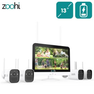 Système Zoohi Sécurité de surveillance Caméra Système de la caméra de batterie 3MP PIR Smart Detection Camera Set 13 pouces WiFi CCTV Kit NVR Wireless