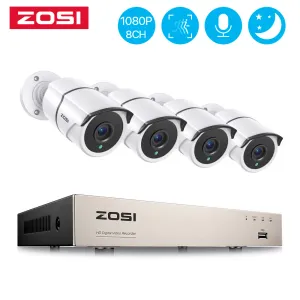 Système Système de surveillance vidéo ZOSI 1080p avec alerte intelligente 8CH 5MP Lite H.265 + CCTV DVR avec caméra de sécurité à domicile en plein air 4x 2.0MP HD