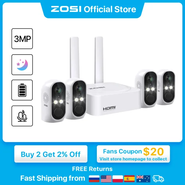 Système Zosi 2K 8CH Pattered Wireless Security Security Camera System 3MP Outdoor Cameras avec couleur Vision nocturne Kit de surveillance vidéo