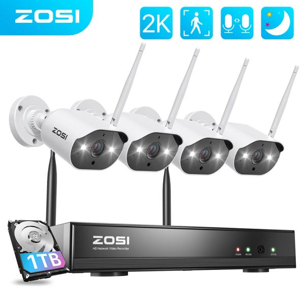 Sistema Zosi 2K Cámaras de CCTV inalámbricas Sistema 8 CH NVR 3MP Cámara IP al aire libre con visión de color Visión de color Kits de vigilancia de seguridad WiFi