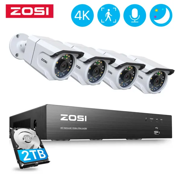 Sistema Zosi 4K POE Vigilancia de seguridad Cámara Kit Sistema de AI Detección de color Visión de color Vision 8MP Cámara IP Video CCTV 8CH NVR SET