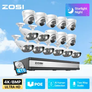 Système Zosi 4K Security Camera System 16ch H.265 Ultra HD 8MP NVR Kit Twoway Audio 8/12/16 PCS POE IP Cameras Set Ai Human Detection