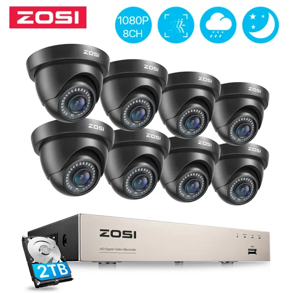 Sistema Zosi 8ch 1080p Cámaras de seguridad para el hogar Sistema H.265+ 8Ch 5 mplite CCTV DVR con 8pcs Vigilancia de 2MP Cámaras de domo interiores de vigilancia al aire libre