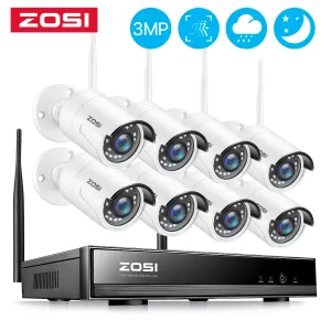 Système Zosi 8CH 3MP Wireless CCTV System 1536p H.265 NVR Set Outdoor Imperproof WiFi IP Security Camera P2P Video Soutrance Kit