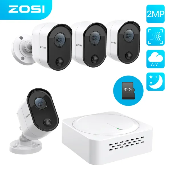 Sistema Zosi Sistema de cámara de seguridad de 8ch H.265+ 1080p Mini Video Vigilancia PIR DVR HD 2.0MP Camera de CCTV al aire libre Kit SD Almacenamiento