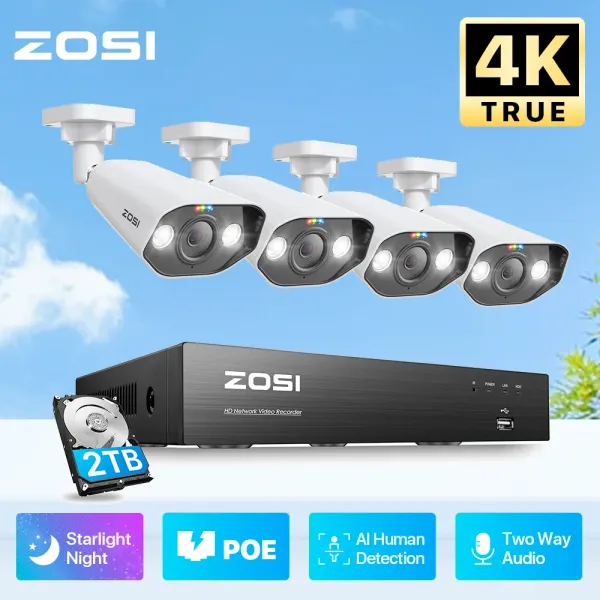 Sistema Zosi 8MP CCTV System 8Ch H.265+ 4K Ultra HD Poe NVR Kit 2way Audio Siren Siren Video Video Videro Vigilancia Conjunto de cámara IP