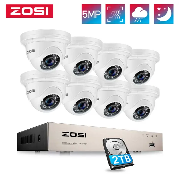 Sistema Zosi H.265+ 8Ch 5MP Poe NVR Kit CCTV Sistema de seguridad para el hogar 8pcs 5MP Impermeable Cámara IP Cámara Vidruidos para el hogar Video de vigilancia