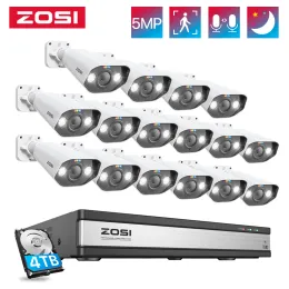 Système Zosi Poe Security Camera System 5MP Spotlight Kit de caméra IP H.265 8MP 4K 16CH NVR 2 voies