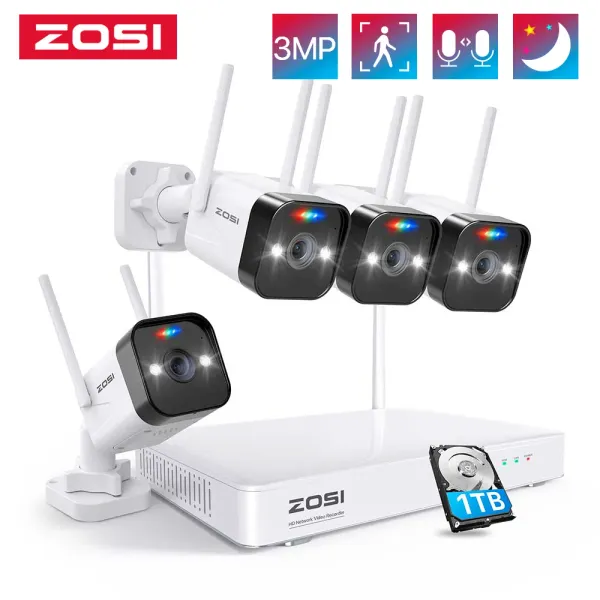 Système Zosi W4 Pro 3MP WiFi System 8ch 2K Surveillance NVR 4PCS 3MP HD IP Camera avec projecteur, kit CCTV de sécurité sans fil 2WAY
