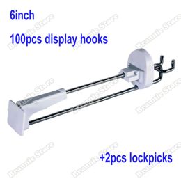 Systèmes 100pcs / lot 6inch / 15cm accessoires de magasin de détail Affichage de sécurité Slatwall Hook White Color + 2pcs LockPicks Livraison gratuite