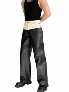 Syuhgfa Designer Denim Assorti PU Cuir Couleur Ctrast Polyvalent Pantalon droit 2024 Printemps Pantalon large jambe High Street u0nr #