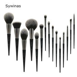 Sywinas make -up borstel set 15 stcs hoogwaardige zwarte natuurlijke synthetische haar nake up borstel gereedschap kit professionele make -up borstels 220616