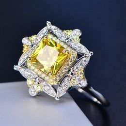 Sz6-10 Anillo de fiesta de moda Joyería de flores brillantes 925 Plata de ley Cuadrado Amarillo CZ Zircon Diamante Mujeres Anillos de compromiso 237G