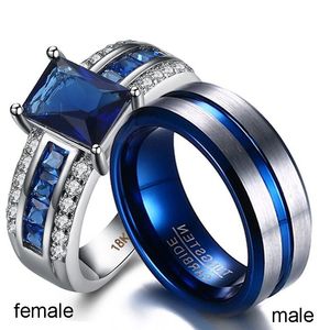 SZ6-12 (twee ringen) paar ringen zijn heren heren titanium stalen ring cz blauwe zirkoon 18K platina vrouwen ringen bruiloft sieraden