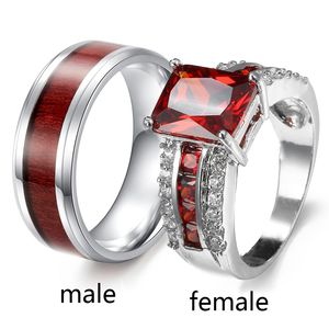 Sz6-12 (DEUX ANNEAUX) Couple Anneaux Sien Rubis S925 Argent Bague Femme Acier Inoxydable Bague de Mariage Homme