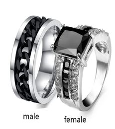 SZ612 Deux anneaux couple sonne sa sienne Agate 10k White Gold rempli femmes039 Anneau Turnable Chaîne noire en acier inoxydable Mens R4697529