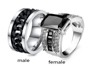 SZ612 Deux anneaux couple sonne sa sienne Agate 10k White Gold rempli femmes039 Anneau Turnable Chaîne noire en acier inoxydable Mens R9481944