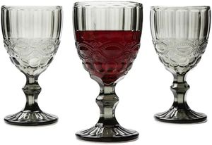 Szhome 10 oz Verres à vin Gobelet en verre coloré avec tige 300 ml Motif vintage en relief Verres romantiques pour fête de mariage i0809