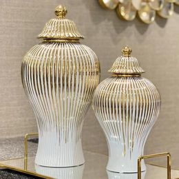 Szhome keramische gemberpot gouden strepen decoratieve algemene pot porseleinen opslagtank met deksel handwerk thuisdecoratie