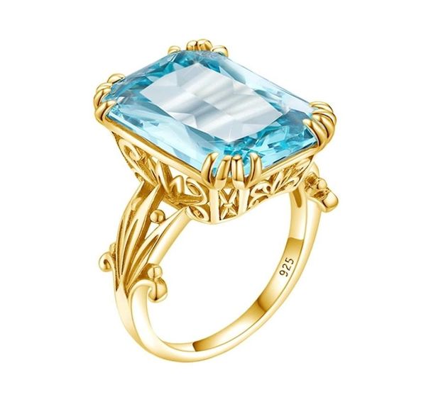 Szjinao Aquamarine Anneaux 925 Sterling Femmes 14K Gold Color Bijoux Punk Ring Big Rec Silver 925 Jewelry2613356