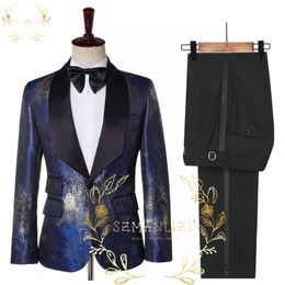 Szmanlizi 2022 Hoge Kwaliteit Navy Blue Gedrukt Mannen Suits 2 Stuk Slim Fit Bruiloft Bruidegom Dragen Kostuum Party Prom Mannelijke Pakken Tuxedo