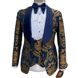 SZMANLIZI 3 pièces hommes costumes mariage marié châle revers bleu marine imprimé or Jacquard Tuxedos Slim robe de bal costume hommes Blazer251d