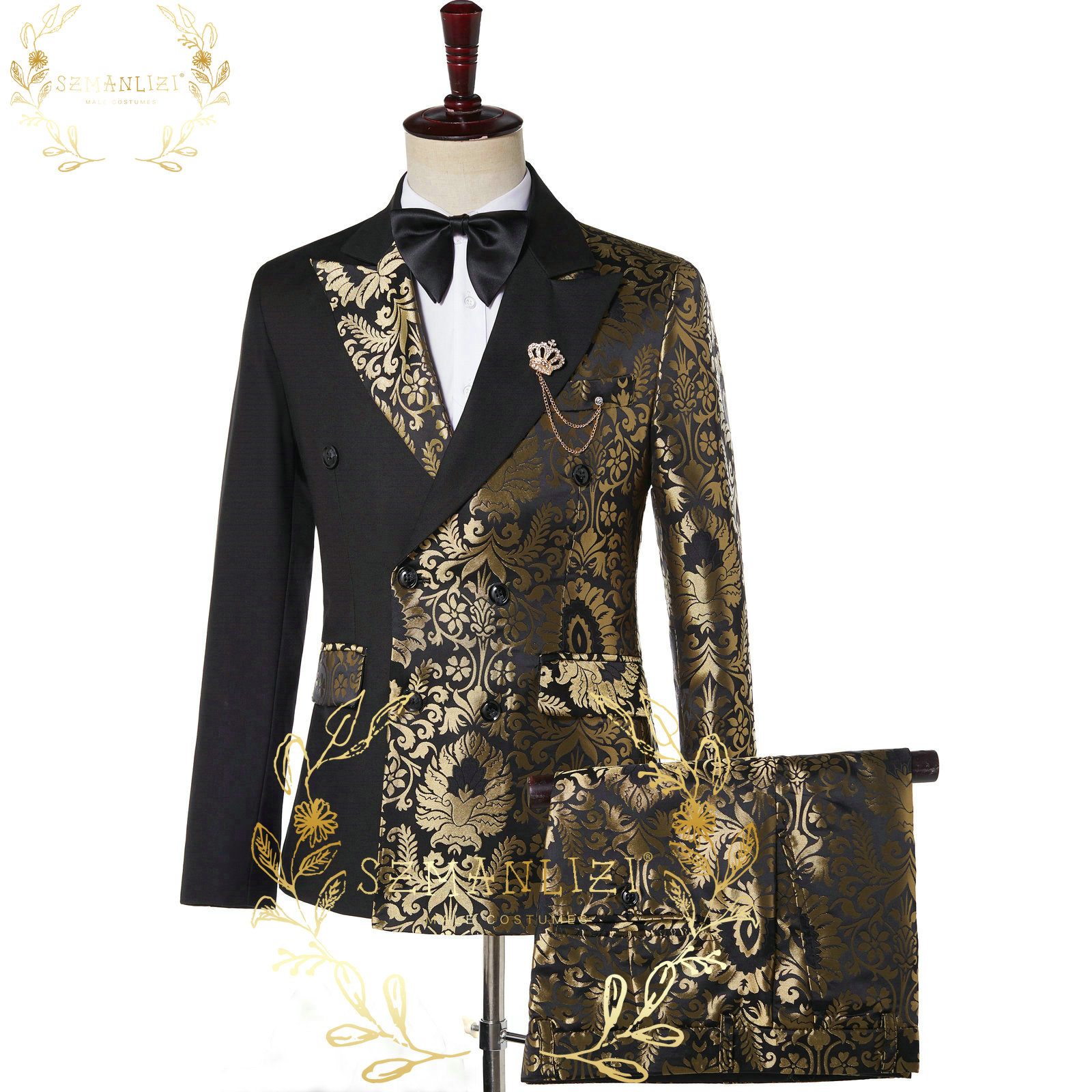 Szmanlizi Double Breasted Black Gold Floral Jacquard Slim Fit Mens Suits Bruiloft Bruidegom Tuxedos Feestjasje Pant Terno Masculino