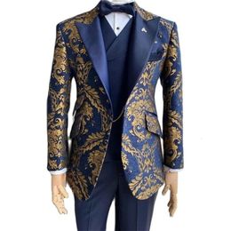 SZMANLIZI último diseño fumar azul marino dorado Floral Blazer hombres trajes 3 piezas novio esmoquin para boda personalizado Terno Masculino 240125