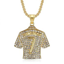 SZN 316L acier inoxydable plaqué or cristaux football Cristiano Ronaldo 7 maillot pendentif collier 24 pouces collier 240104