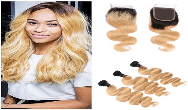 T 1B 27 Root noire miel Blonde Body Wave ombre Human Chers tisser 3 paquets avec fermeture en dentelle Extensions de cheveux vierges brésiliennes5219758