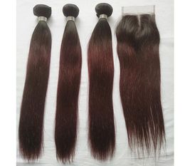 T 1B 99J Paquetes de cabello de color Ombre con cierre Cabello humano liso vino oscuro 3 paquetes con cierre de encaje en la parte media 4x4 Extensi5591162