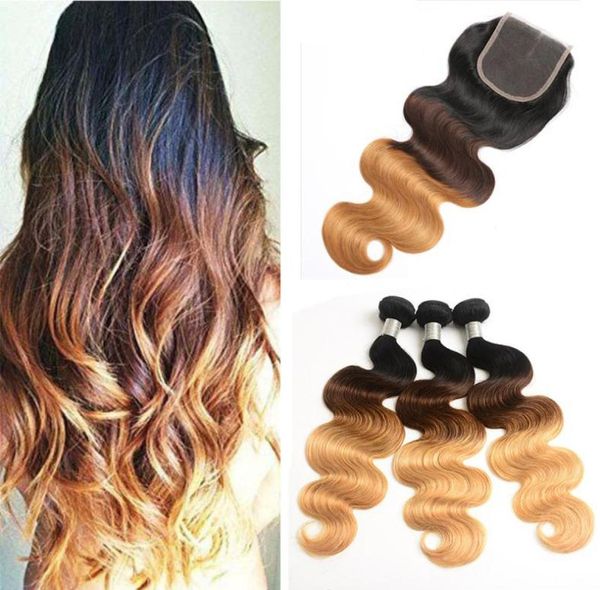 T 1B427 Dark Root Honey Blonde Body Wave Ombre Armadura del cabello humano 3 paquetes con cierre de encaje Extensiones de cabello virgen brasileño 9991344