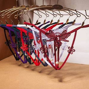 T terug sexy slipje vrouwen uitgehold borduurwerkvlinder parel ondergoed open kruis transparante string-briefs g-strings onderbroek