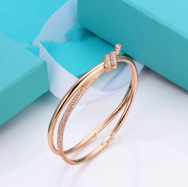 T bracelet luxe Bangle Knot Designer Bijoux Double Line Corde Femme Femme 18K Gol Silver Shining Crystal Diamond Bracelet Bracelet Bijoux de luxe Cadeau