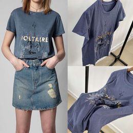 T-hirt 23SS Zadig Voltaire Top Nouvelle Guitare Lettre Estampage Impression Industrie Lourde Wahing Fried Couleur Femmes Designer Coton Tee Manches Courtes T Hirt Plage