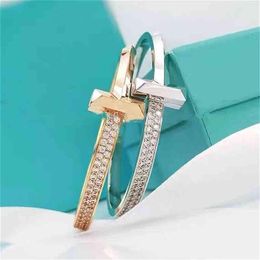 t Home Semi Diamond Bracelet 925 Sterling Silver T1-serie 18K Rose Gold vergulde brede T-vormig licht Luxe mode Hand sieraden293J