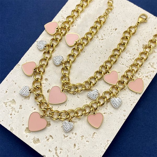 T lettre titane acier rose émail pêche coeur plein diamant amour pendentif Bracelet Vintage chaîne épaisse collier cubain T787