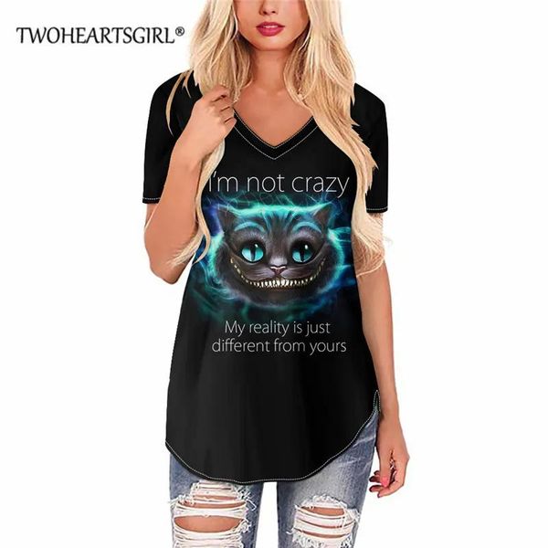 Camiseta con estampado 3D del gato de Cheshire para mujer, camiseta informal de manga corta con estampado de gato divertido, ropa de gran tamaño, camisetas con cuello en V 2021