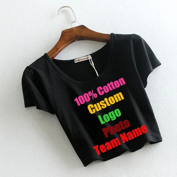 Camiseta negra lisa para mujer, remera Sexy de manga corta con logotipo personalizado en blanco, camiseta recortada con foto impresa con texto 2022