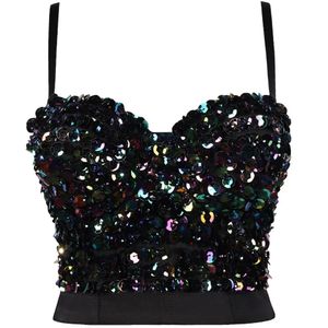 T-shirt 2022 Été Noir Blanc Busiters Corsets Crop Top Glitter Paillettes Femmes Mignon Style Coréen Crochet Eye Camisole Porter Soirée