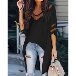 T-shirt 2022 Zomer V Hals Contrast Mesh Batwing Sleeve Asymmetrische High Low Low Hem top Women Casual Daily Solid Long Tunics Sexy Blouse