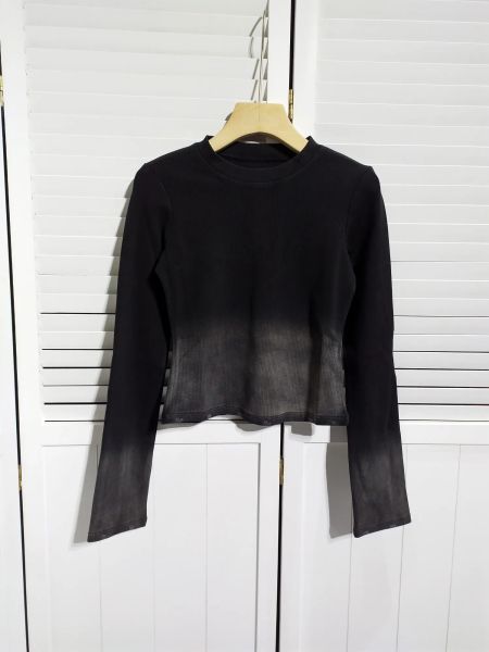 Camiseta 2023 nueva moda mujer manga larga sexy casual negro cambio gradual rasgado parte inferior de punto top 0916