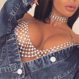 T-shirt AKYZO Hoge kwaliteit handgemaakte strass camis vrouwen bling tank tops glanzende strand party club metalen ketting uitgehold tops