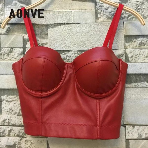 T-shirt Aonve Femmes Summer Top Sexy Pu Leather Festival Vêtements Tops bralette Cropped Top Femme Punk Goth Clubwear Black Red Plus taille