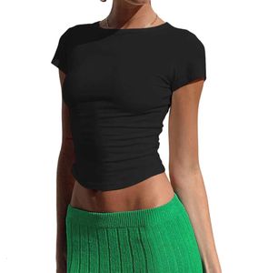 T-shirt basique ajusté à manches courtes pour femme, couleur unie, chemise Dupes Y2k, haut court slim, vêtements d'été, sortie, entraînement, sexy, amincissant