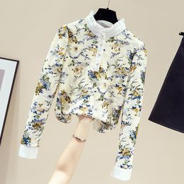 T-shirt Blouse Dames Blusas Mujer De Moda 2022 Winterkleding Dames 2022 Lange Mouw Opstaande Kraag Print Kanten Blouse Shirt Tops Blusa E18