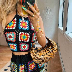 T-Shirt Boho Inspiré Tricot à la main Hauts au crochet femmes motif carré rétro été cami Tops Halter Maillots de bain couvrir chemisier boho top