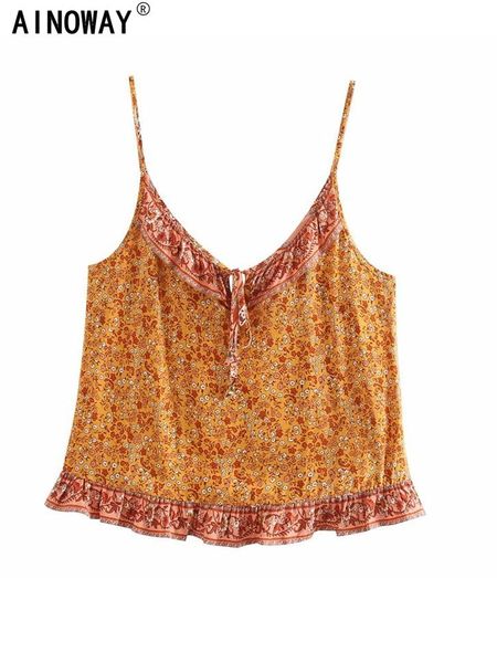 T-shirt Boho donna stampa floreale senza maniche crop top bohemien gilet da spiaggia corto in cotone rayon camis con volant top gotico per abbigliamento da spiaggia